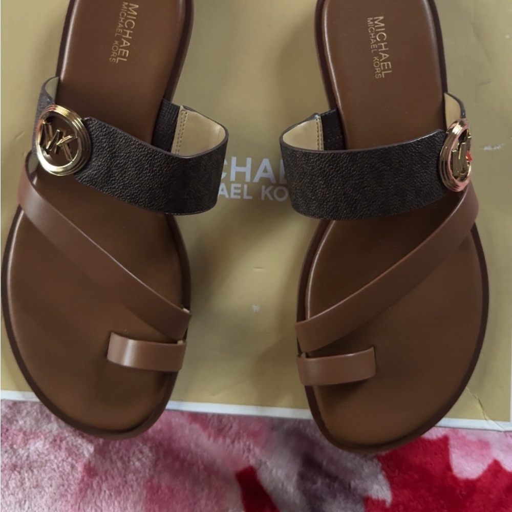 Michael Kors Brown and Tan Slide Sandals